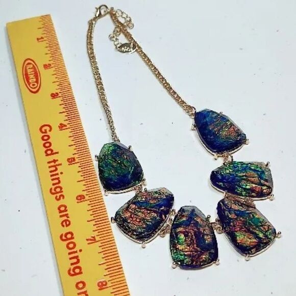 Aurora Borealis Statement Bib Pendant Necklace Blue Gold Tone Adjustable Chain - Picture 5 of 7